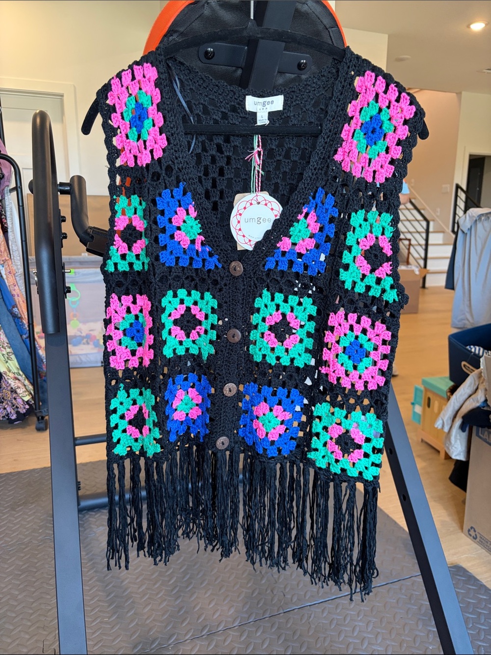 Umgee Black Crochet Fringe Vest with Pink Green Blue Accents